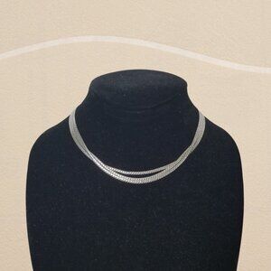 Vintage Triple-Strand Silvertone Herringbone Chain Necklace
